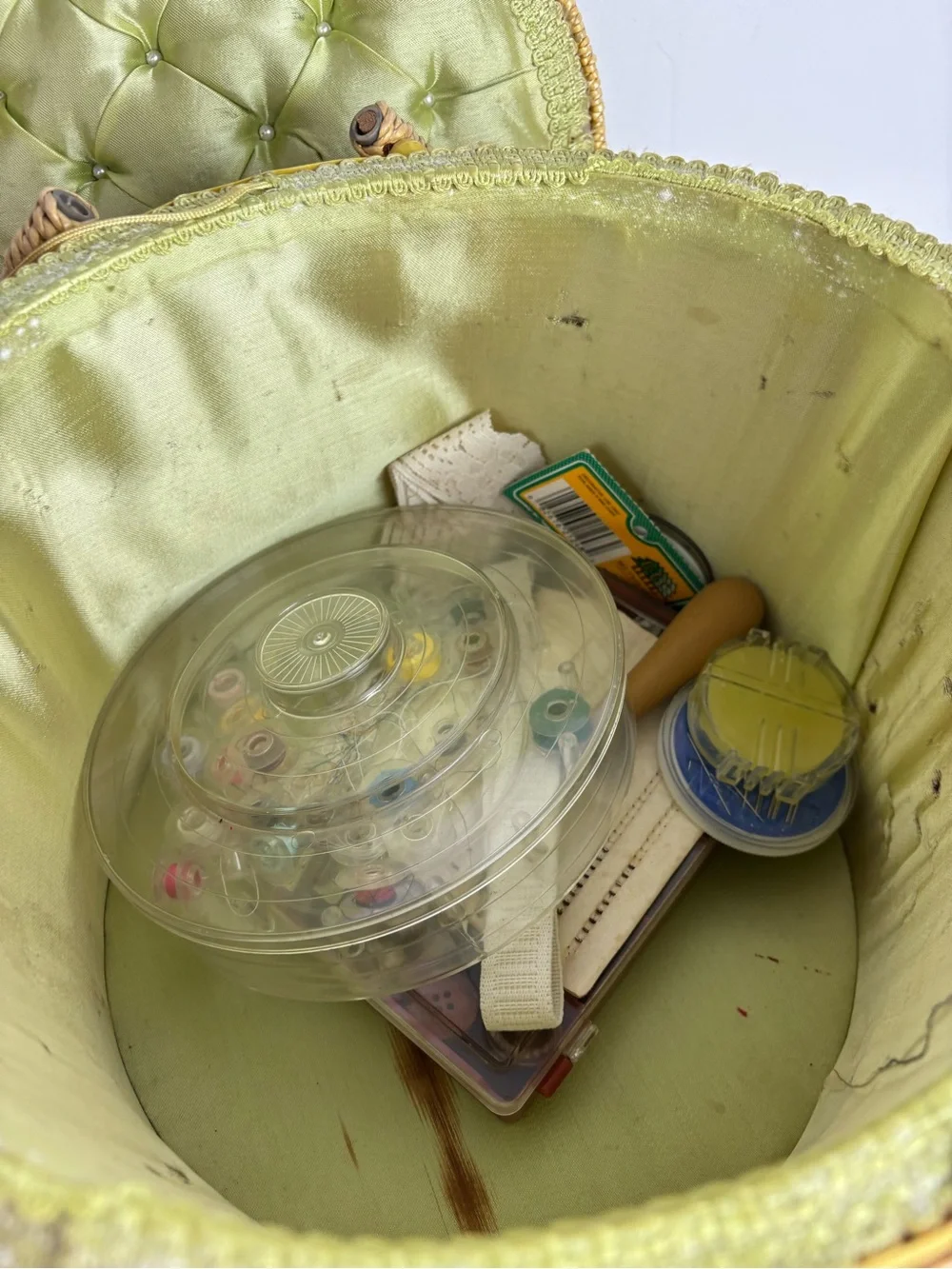 Vintage Sewing Basket-Round w/ Embroidered Floral Lid-Granny Chic